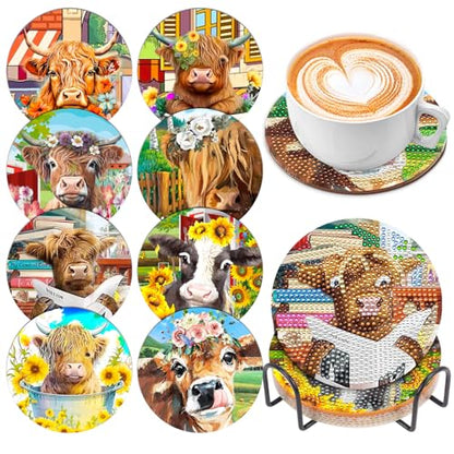 8 Pcs Diamond Art Painting Coasters with Holder, DIY Highland Cow Flower Diamond Art Coasters for Drinks Diamond Art Painting Kits for Beginners, Diamond Craft Supplies for Adults - color: Highland Cow
