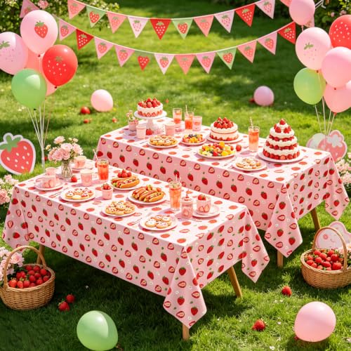 4 Pack Pink Strawberry Tablecloth Strawberry Table Clothes Berry Tablecloth Berry Table Covers Fruit Birthday Party Table Cover for Summer Beach Pool Party Supply 51 x 86 Inch