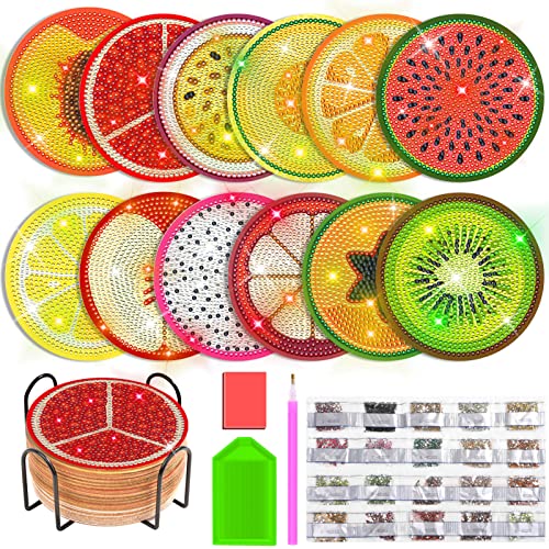 Billbotk 12 Pieces Diamond Art Painting Coasters Kit with Holder, Diamond Art Coasters, DIY Diamond Crafts Projects, Diamond Dot Kits for Adults and Beginners(Fruit Style)