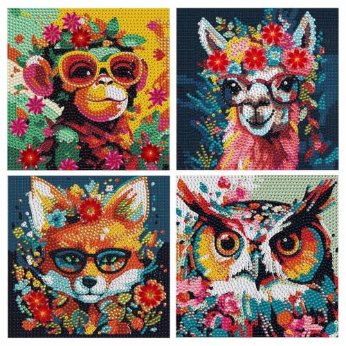 JATOK 4 Pack Diamond Painting Kits for Kids, Cute Cartoon Animals DIY Diamond Arts Mosaic Kits for Adults Beginner, Full Round Drill Gem Art for Home Wall Decor Gift 15x15CM/6x6in - color: Blue