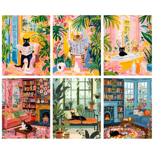 Canrichshop 6 Pack Cat Paint by Numbers Kit for Adults Without Frame,Funny Black Cat DIY Adults' Paint-by-Number Kits on Canvas,Easy Acrylic Painting Beginners Decor 9.8x13.8 Inch - color: MT21387~MT21392
