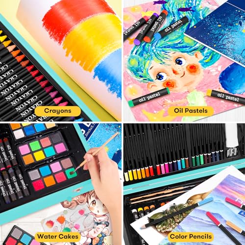 iBayam 150-Pack Deluxe Art Supplies with 1 Coloring Book, 2 Sketch Pads | All-in-one art kit with pencils, pastels & watercolors in a wooden case. Safe, non-toxic, perfect for kids & adult beginners. - color: Teal