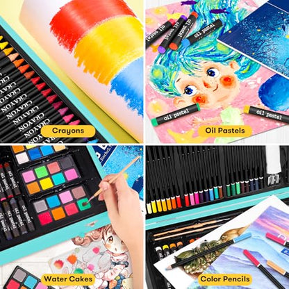 iBayam 150-Pack Deluxe Art Supplies with 1 Coloring Book, 2 Sketch Pads | All-in-one art kit with pencils, pastels & watercolors in a wooden case. Safe, non-toxic, perfect for kids & adult beginners. - color: Teal