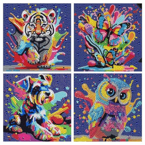 JATOK 4 Pack Diamond Painting Kits for Kids, Cute Cartoon Animals DIY Diamond Arts Mosaic Kits for Adults Beginner, Full Round Drill Gem Art for Home Wall Decor Gift 15x15CM/6x6in - color: Amber