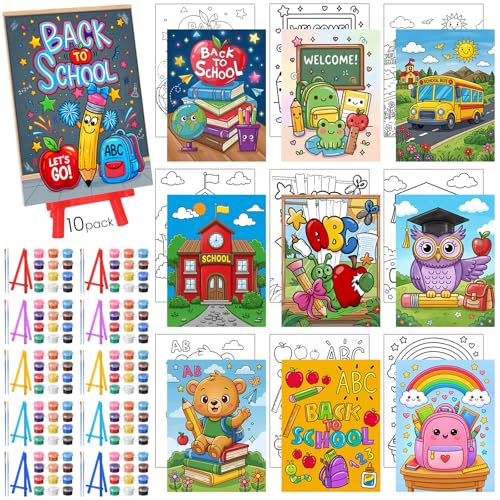 Blosssound 10 Set Back to School Pre Printed Canvas Pre Drawn Canvas Painting with Easel Kits 5" x 7" Outline Painting Panels for Beginners, DIY Craft Project, Party Favor, Home Decors - style: Back to School
