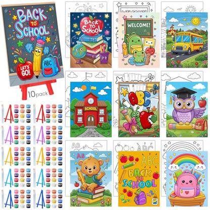 Blosssound 10 Set Back to School Pre Printed Canvas Pre Drawn Canvas Painting with Easel Kits 5" x 7" Outline Painting Panels for Beginners, DIY Craft Project, Party Favor, Home Decors - style: Back to School