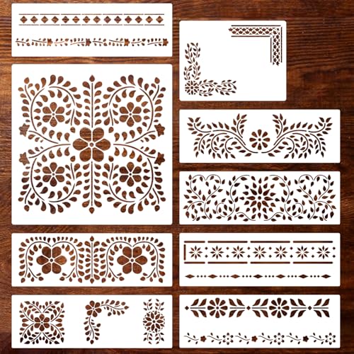 Floral Border Corner Stencils for Crafts Furniture Stencil Reusable Art Paint Stencils for Painting on Wall Stairs Fabric Table Chair Cabinet - style: Furniture