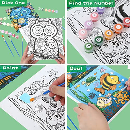 3 Pack Paint by Numbers for Kids Ages 8-12, Pre-Printed Acrylic Oil Painting, Includes (8x10, 8x9, 8x8 inch) Framed Canvas with 30 Acrylic Paint Pots, 5 Brushes for Kids, Art Supplies for Kids 9-12 - color: Undersea
