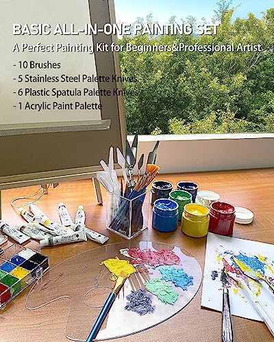 Acrylic Paint Set, Art Painting Supplies Kit with 10 Brushes, 5 Stainless Steel Palette Knife, 6 Plastic Spatula Palette Knives, Paint Palette tray, Acrylic Painting Supplies for Adults and Kids