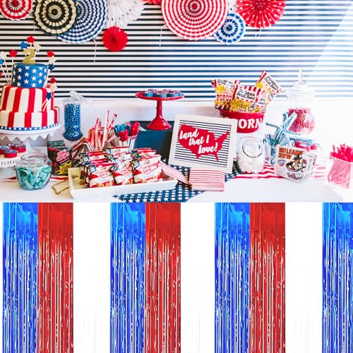 2 Pack 2.5ft x 9 ft Red White and Blue Metallic Foil Fringe Table Skirt, July 4th Patriotic Tinsel Table Skirts Cover for Rectangle and Round Tables, Labor Day, Veterans Day - color: Red White Blue