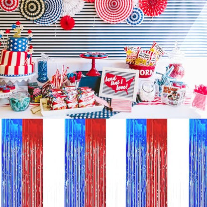 2 Pack 2.5ft x 9 ft Red White and Blue Metallic Foil Fringe Table Skirt, July 4th Patriotic Tinsel Table Skirts Cover for Rectangle and Round Tables, Labor Day, Veterans Day - color: Red White Blue