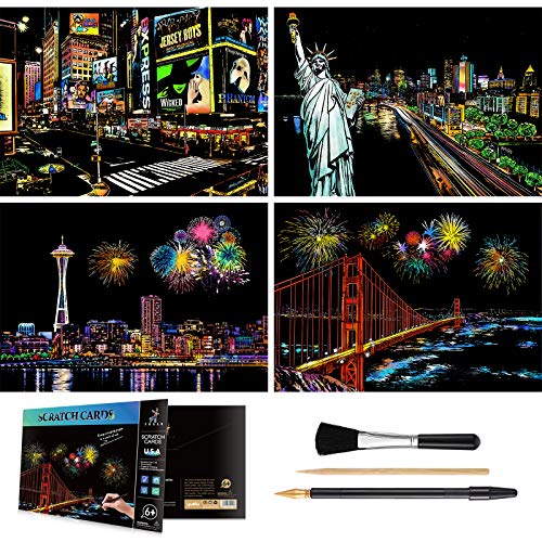4-Sheet Rainbow Scratch Art with Tools for Adults & Teens, A4 America Paper - color: Golden,Gray