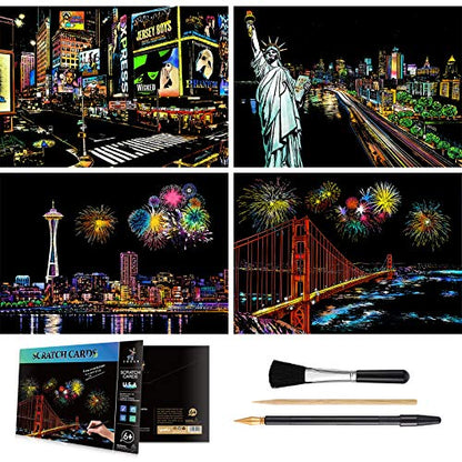 4-Sheet Rainbow Scratch Art with Tools for Adults & Teens, A4 America Paper - color: Golden,Gray