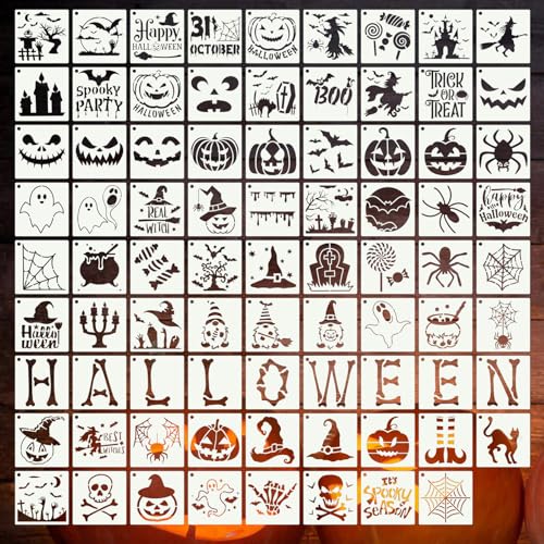 80 Pcs 3 x 3 Inch Halloween Stencils for Painting on Wood, Reusable Happy Pumpkin Spider Web Stencil DIY Ornaments Ghost Paint Template Set for Wall Door Home Decor - style: Halloween