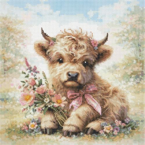 5D Diamond Painting Kits for Adults_beginners，Diamond Art Cow， Diamond Painting Kits Cow Highland Cow with Flowers Full Drill Diamond Art Kit 14x14 Inch - color: FYZZ-152