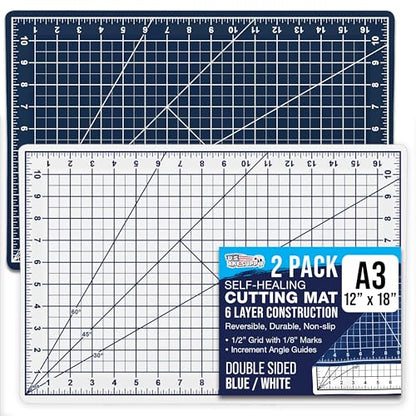 U.S. Art Supply 12"x18" Self-Healing Cutting Mat 5-Ply (2 Pack) White/Blue | Double-Sided White/Blue Craft Mat, Non-Slip Cutting Mats for Crafts, Sewing, Quilting, Scrapbooking - color: White/Blue