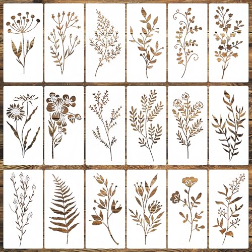 18 Pcs Flower Stencils for Painting,Reusable Small Wildflower and Leaves Stencils for Walls Wood Burning Paper Canvas Fabric,DIY Plant Floral Drawing Template for Card Making Scrapbook - color: Wildflower(18Pcs)