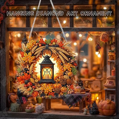 Eiflow Acrylic Diamond Art Hanging Kit for Adults Fall Wreath, DIY Diamonds Painting Door Hanger Board Kit, Special Crystal Diamond Art Painting Pendant Ornament (Lantern) - color: Lantern Wreath