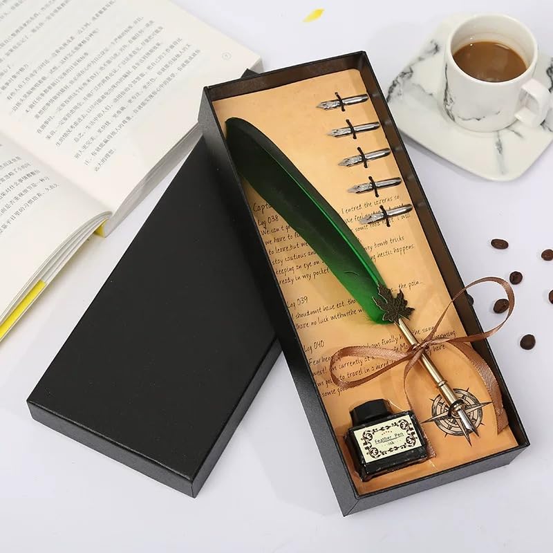 Hapivida Vintage Quill Dip Pen Set – Elegant Calligraphy Calligraphy Pen | Antique Stainless Steel Nib Smooth Writing, Artistic Drawing Pen, Holder & 5 Replacement Tips Quill Pen Feather Pen