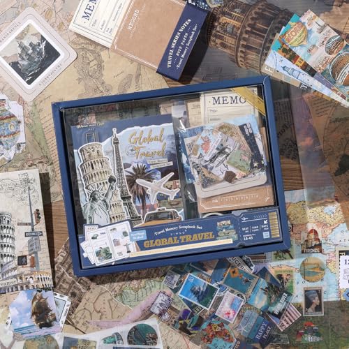 Auguro World Travel Scrapbook Kit A6 Grid Notebook Stationery Junk Journal Kit Scrapbooking Supplies Kit Craft DIY Gift for Adult Teen Girl - color: black