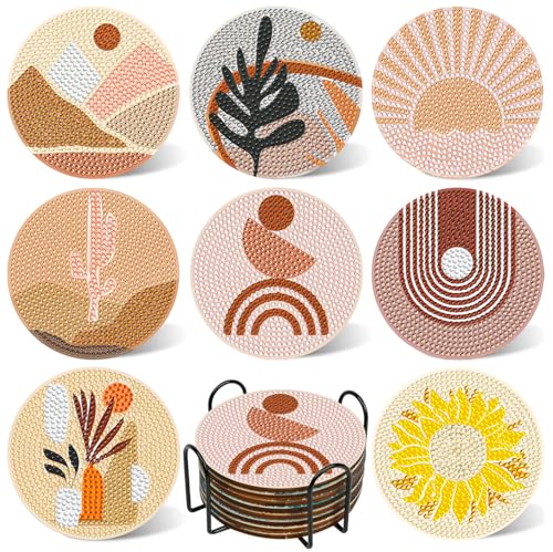 DOTSOPS 8 Pcs Landscape Diamond Painting Coasters with Holder for Beginners - color: Eabstract