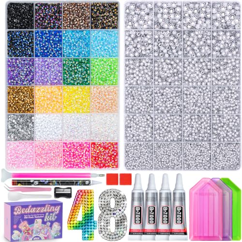 2 Boxes 70000PCS Rhinestones Kit, Rhinestones 3mm 24 Color & Silver 2/3/4/5/6mm Resin Flatback Gems for Diamond Art, Bedazzler Kit with 4Pcs B7000 Jewelry Glue for DIY Crafting Crafts Decor - color: 24 Colors+Sliver Multisize