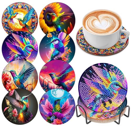 8 Pcs Diamond Art Painting with Holder, DIY Hummingbird Flowers Diamond Art Coasters for Drinks Diamond Art Painting Kits for Beginners, Diamond Craft Supplies for Adults - color: Hummingbird