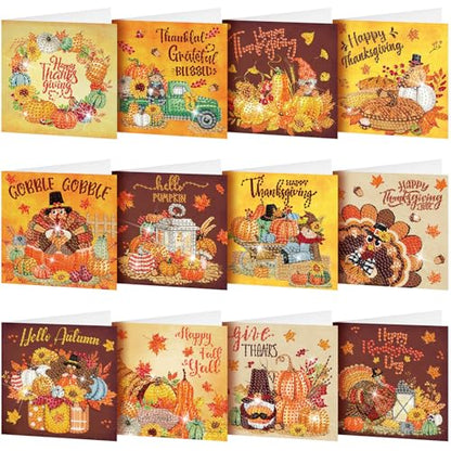 Saillong 12 Pack Fall Diamond Painting Greeting Card Kits DIY Thanksgiving Diamond Art Cards with Envelopes Pumpkin Turkey 5D Rhinestones Paint Card for Adults DIY Crafts Family Friend Birthday Gifts - color: Turkey