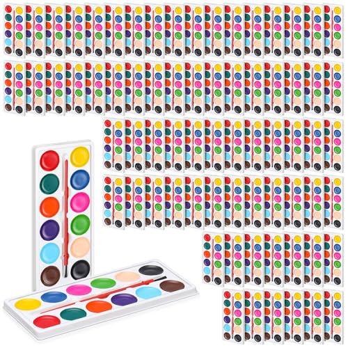 Outus 144 Pcs Watercolor Paint Set Bulk Mini Paint Set Washable Watercolor Palette with Painting Brushes for Art Party Supplies Prizes Stocking Stuffers, 3.3 x 2.6 Inch(12 Colors) - style: 12 Colors