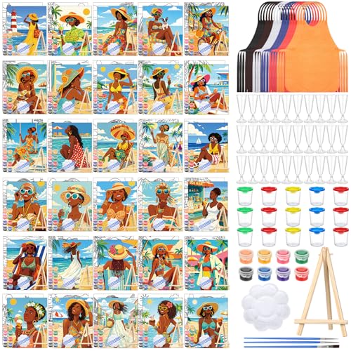 Sherr 285 Pcs 30 Sets Sip and Paint Kit for Adults,Summer | Pre Drawn Canvas to Paint for Adults, Acrylic Paints, Brushes, Easels, Date Night, Birthday Party Gifts - style: Summer Lady