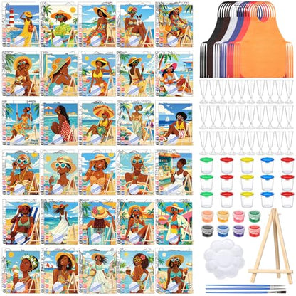 Sherr 285 Pcs 30 Sets Sip and Paint Kit for Adults,Summer | Pre Drawn Canvas to Paint for Adults, Acrylic Paints, Brushes, Easels, Date Night, Birthday Party Gifts - style: Summer Lady