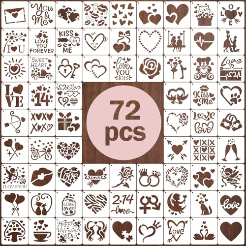 72 PCS 3x3 Inch Valentine‘s Day Stencils for Painting - Love red HeartKiss red RoseCupid's Arrow Reusable Valentine's Painting Templates on Wood, Glass, Fabric, Window Door Decor DIY Decoration - style: 72 PCS Valentine‘s Day