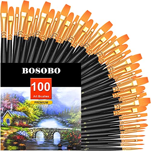 BOSOBO Paint Brushes Set, 10 Pack 100 Pcs Round Pointed Tip Paintbrushes Nylon Hair Artist Acrylic Paint Brushes for Acrylic Oil Watercolor, Face Nail Art, Miniature Detailing & Rock Painting, Black - color: Black, size: 10 Pack