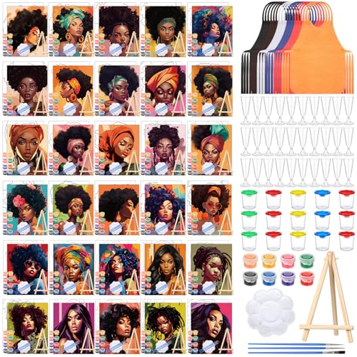 Sherr 285 Pcs 30 Sets Sip and Paint Kit for Adults,Fashion | Pre Drawn Canvas to Paint for Adults, Acrylic Paints, Brushes, Easels, Date Night, Birthday Party Gifts - style: Charming Lady