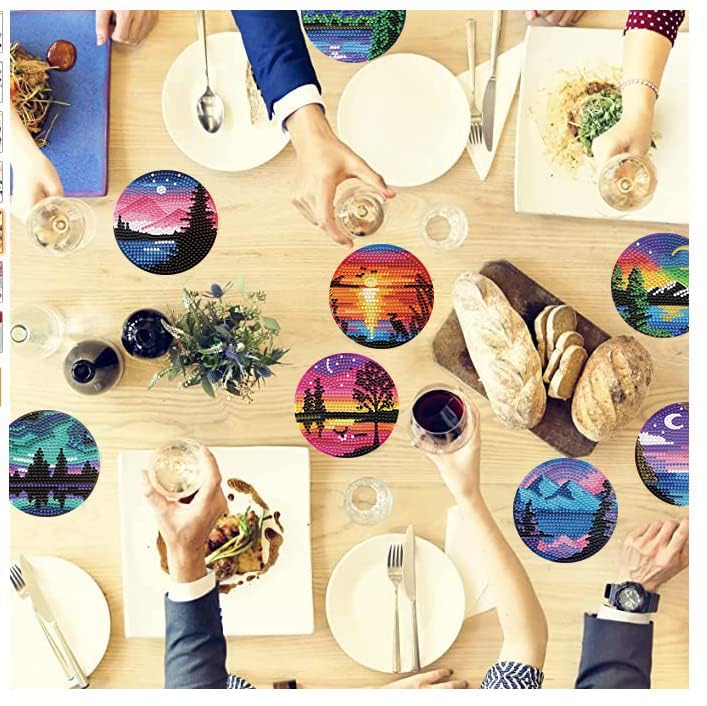 8 Pcs Diamond Art Coasters Kits with Holder, Landscape DIY Diamond Paintings Coaster Kits,Scenery Full Drill Rhinestone Painting Kits for Adults Beginners Art Craft Supplie for Tabletop Protection.