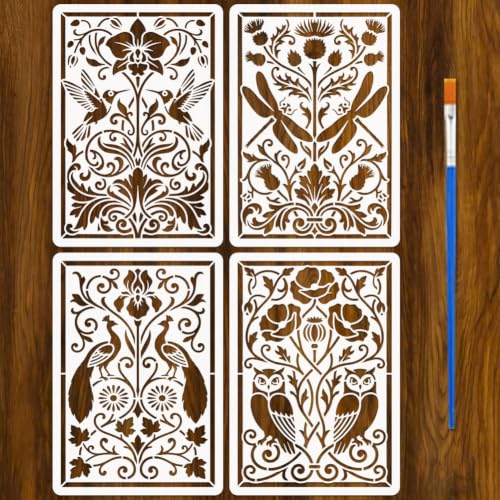 FINGERINSPIRE 4PCS Symmetrical Animals Plants Painting Stencils with Paint Brush 8.3x11.7inch Hummingbird Dragonfly Flower Template Peacock Owl Vine Stencil Animal Theme Template for DIY Crafts - color: Symmetrical Animals Plants