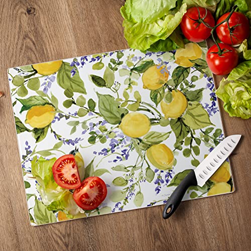 CounterArt Watercolor Lemons 3mm Tempered Glass Cutting Board 12" x 15" | Serving Board, Charcuterie Board - color: Watercolor Lemons