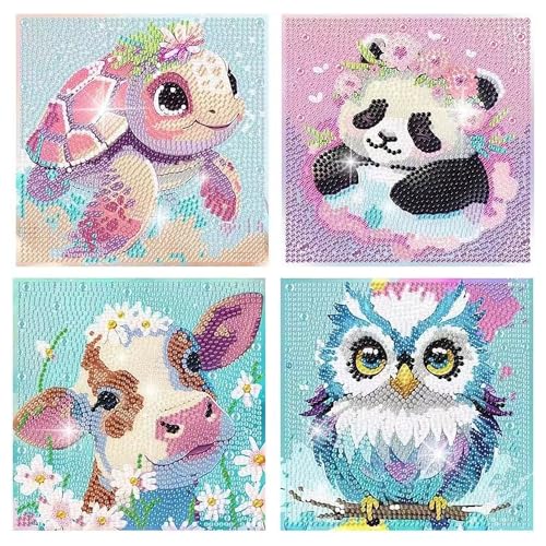 PERFECTSIGHT Cute 5D Diamond Art Kits, Kawaii DIY Painting Art for Adults Teen, 4 Pack Diamond Arts and Crafts Sets, Big Gem Full Drill Diamond Dots for Women (Animal) - style: Animal