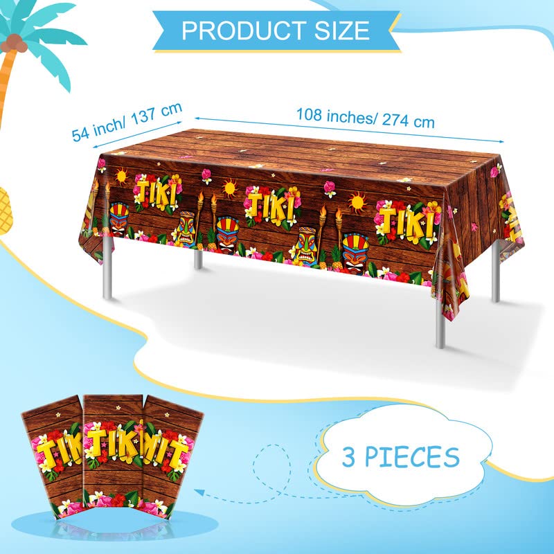 Frienda 6 Pcs Tiki Tablecloth Luau Table Cover Hawaiian Decor, Retro Style | Disposable for Luau Beach Party Decor, Tiki Totem Mask Print, Easy Cleanup Plastic Cover for Aloha Tropical Themed Events - style: Retro