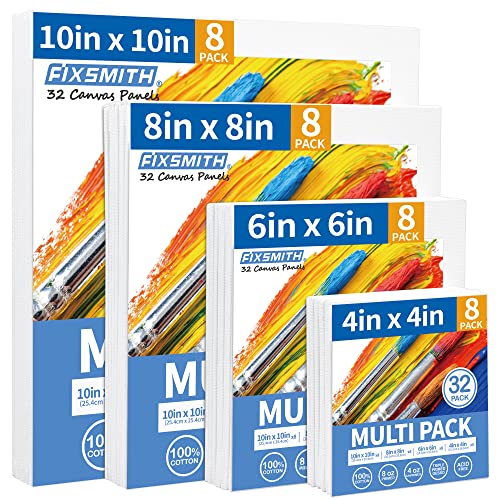 Canvas Boards for Painting, Multi Pack- 4x4,6x6,8x8,10x10 (8 of Each),32 Pack,100% Cotton Primed Canvas Panels for Acrylic, Oil, Art Supplies for Kids, Adults, Beginners - size: 32 Pack - 8 of Each (4"×4", 6"×6", 8"×8", 10"×10")