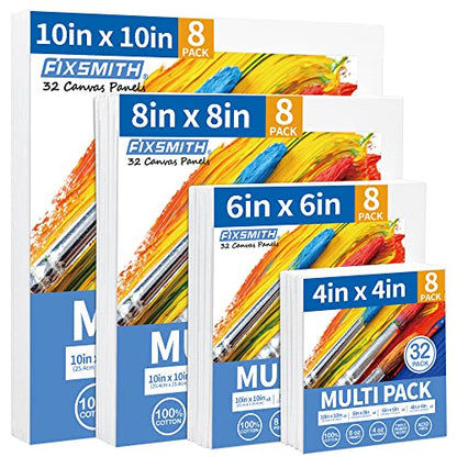 FIXSMITH Canvas Boards for Painting, Multi Pack- 4x4,6x6,8x8,10x10 (8 of Each),32 Pack,100% Cotton Primed Canvas Panels for Acrylic, Oil, Art Supplies for Kids, Adults, Beginners - size: 32 Pack - 8 of Each (4"×4", 6"×6", 8"×8", 10"×10")