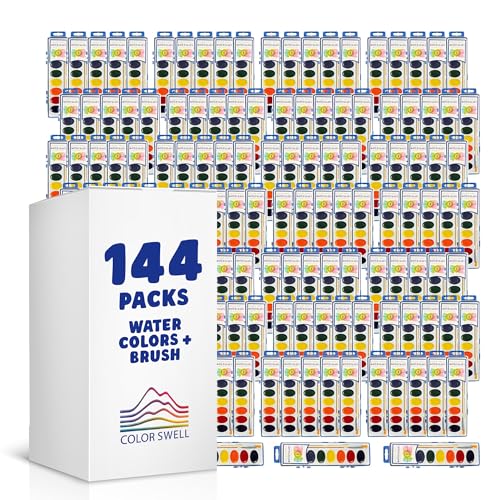 Color Swell 8 Color Bulk Watercolors with Wood Brushes, 144 Pack - size: 144 Count | 8 Colors