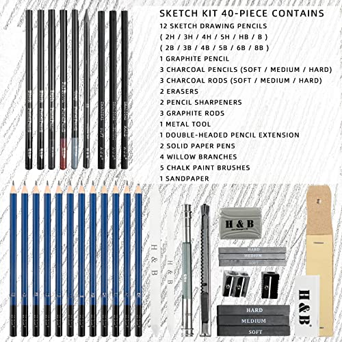 H & B 40 Piece Professional Sketch Pencil Drawing Kit,Complete Artist Kit, Including Graphite Pencils, Pastels, Sharpener and Eraser - size: 40 Piece Set