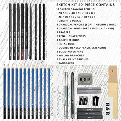 H & B 40 Piece Professional Sketch Pencil Drawing Kit,Complete Artist Kit, Including Graphite Pencils, Pastels, Sharpener and Eraser - size: 40 Piece Set