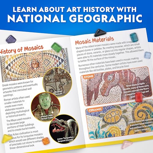 National Geographic Mosaic Arts and Crafts Kit for Kids - Mosaic Kit for Creating 3 Glass Tile Mosaic Art Projects, Includes Glass Tiles, Templates, Plaster & More, Art Supplies, Mosaic Kits for Kids | 3 Glass Tile Mosaic Projects, Templates, Plaster and