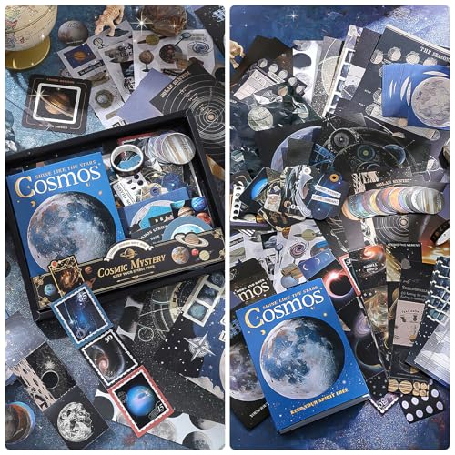 Scrapbooking Supplies Kit, Aesthetic Junk Journal Supplies, Scrapbook Kit | Cute Stationary Set with Bullet Journaling Stickers, Vintage Ephemera Collage Craft Supplies Gift for Adults Women Beginner - color: Cosmic Mystery