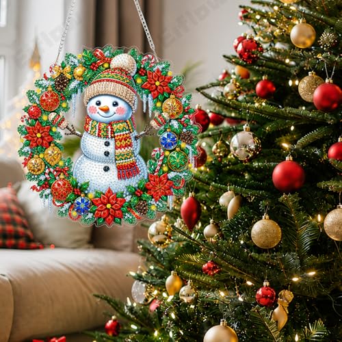 Eiflow Acrylic Christmas Diamond Art Hanging Kit for Adults, DIY Diamonds Painting Door Hanger Ornament Kit Snowman Wreath Crystal Diamond Art Painting Wall Window Hanging Pendant - color: Christmas Wreath