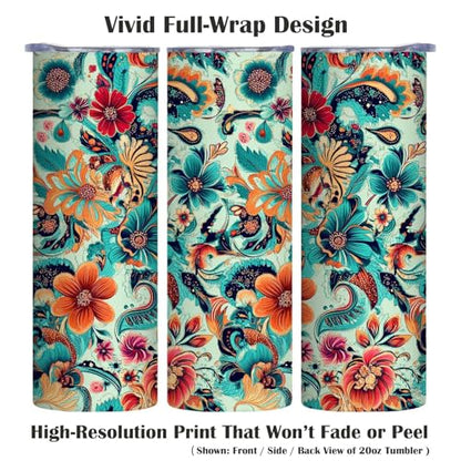 Firmiso 20 oz Tumbler｜Skinny Insulated Travel Mug｜Paisley Floral Stainless Steel Cup with Lid and Telescopic Straw｜Boho Botanical Drinkware｜Elegant Gifts Idea for Women - color: Paisley Floral