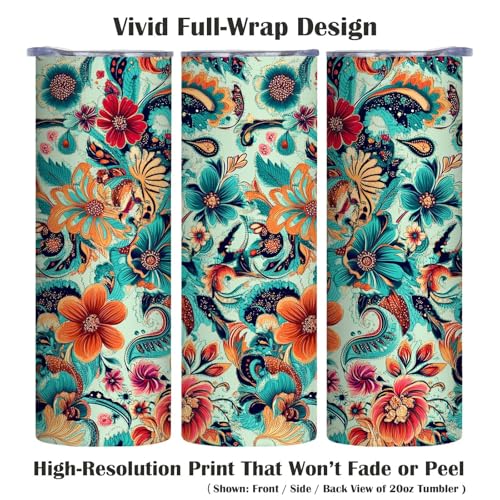Firmiso 20 oz Tumbler｜Skinny Insulated Travel Mug｜Paisley Floral Stainless Steel Cup with Lid and Telescopic Straw｜Boho Botanical Drinkware｜Elegant Gifts Idea for Women - color: Paisley Floral