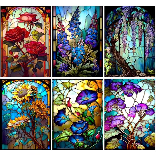 6 Pack Diamond Painting Kits for Adult Flower Diamond Art Kits for Adults | Stained Glass Flowers Diamond Painting for Home Wall Decoration (Flowers, 12x16inch) - color: 6 pcs glass flower set